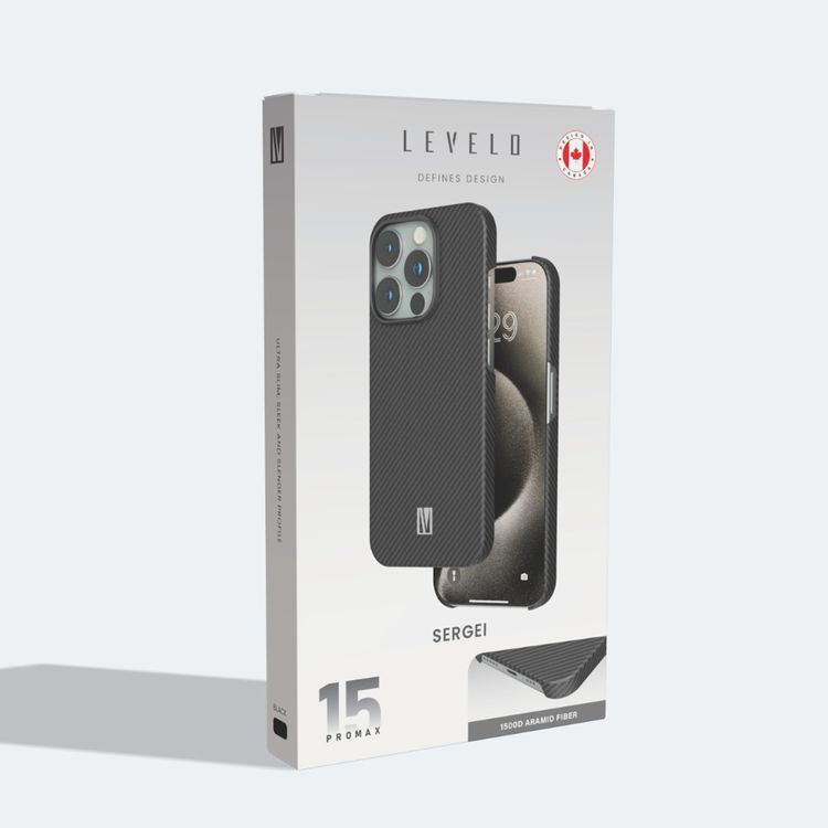  Levelo Sergei 1500D Aramid Fiber Case for iPhone 15 Pro Max, MagSafe Compatible, Shock-Proof Edges, Slim & Lightweight Design - Black