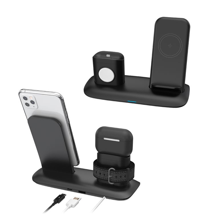 Porodo 4-in-1 Charging Station with Built-in Lightning Connector, Magnetic Charging for AirPods & Smartwatches, 10W Phone Output, 2W Watch Charger Output, Qi Standard - Black