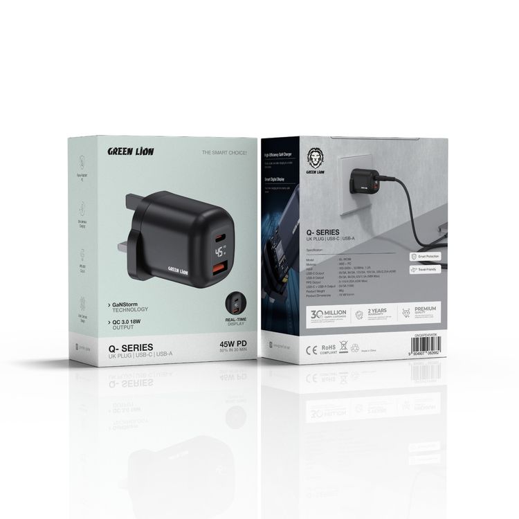 Green Lion Q-Series 45W UK Plug GaN Wall Charger with Smart Digital Display, QC 3.0 18W, Ultra Compact Design, High-Efficiency GaN Charger, Smart Protection, GaNStorm Technology, Flame-Retardant PC Material - Black