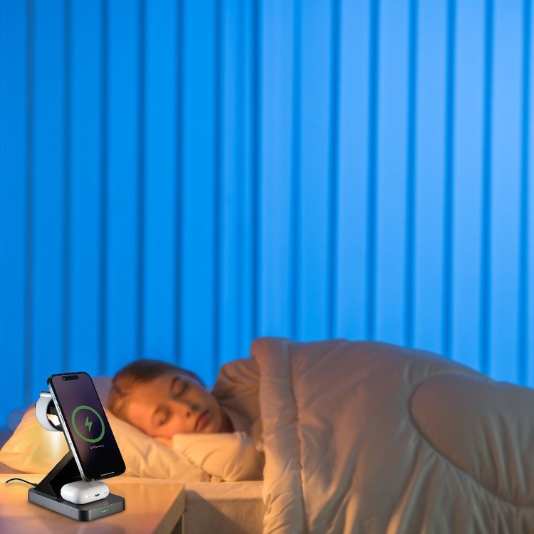 Porodo 4-in-1 PowerDock Wireless Charging Station with Adjustable Night Lamp, 360° Adjustable Viewing, Phone, Watch & Earbuds Outputs, One-Touch Light Control, Smart Charging Protection - Black