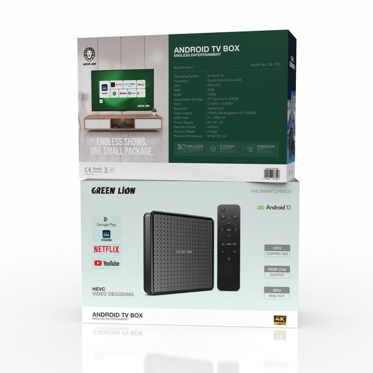 Green Lion Android TV Box with HEVC Video Recording, Android 10 Operating System, Bluetooth Version 5.0, Wi-Fi Connectivity, Quad-Core CPU, Mali G-31 GPU - Black