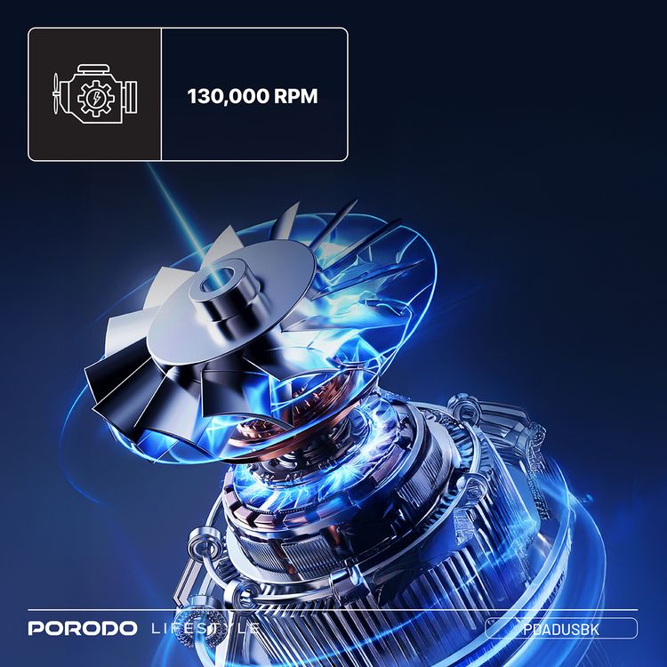 Porodo Lifestyle Turboblast Portable Air Blower with Air Nozzle Attachment, Up to 32 Minutes Working Time, 3 Adjustable Speed Levels, 160W Output Power, Low-Noise Operation, 130000RPM Motor Speed, USB-C Charging Port - Black