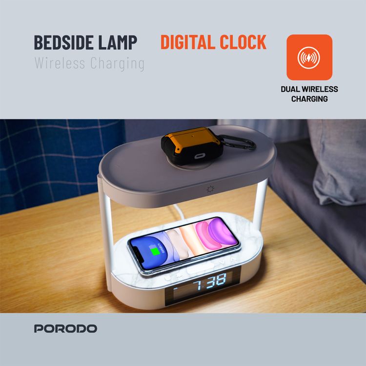 Porodo Bedside Light with Wireless Charger and Digital Clock, 3 Brightness Levels, Dual Wireless Charging, Alarm and Snooze Function, Digital Display - White