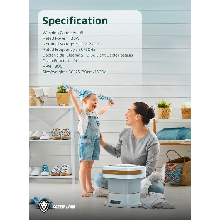 Green Lion Portable 6L Washing Machine, UK Plug, Compact & Portable, 36W Power, Drain Function, 3 Working Modes, One Touch Start - Blue