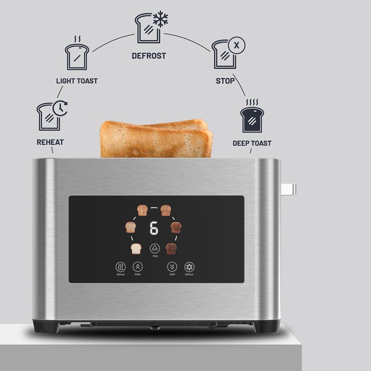 Porodo Lifestyle 2-Slice Bread Toaster with Touch Panel, 750-850W Rated Power, Stainless Steel 410 Material, 6 Browning Levels, 5 Functions, Removable Slide-Out Crumb Tray, Automatic Shut-Off - Silver