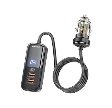 Porodo 120W Transparent Multi-Port Car Charger with Dual USB-C & USB-A Ports, Aluminum Alloy & PC Material, 1.5m Cable Length, Universal Compatibility, Digital Display - Black