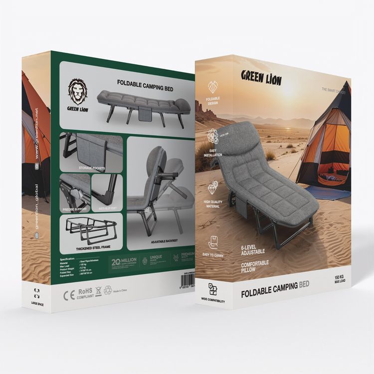 Green Lion Foldable Camping Bed, Up to 150kg Load Capacity, 6 Adjustable Backrest, Anti-Slip Feet, Comfortable Pillow, Easy Installation & Easy to Carry, Thickened Steel Frame - Gray Color