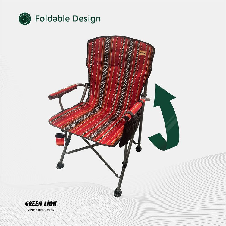 Green Lion Heritage Foldable Chair with Cup Holder, 600D Oxford Fabric, 200 kg Max Load,  High-Quality Pipe - Ethnic Red