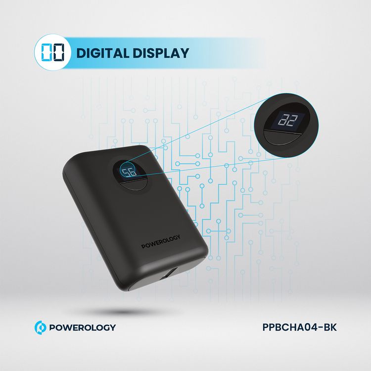 Powerology Ultra-Compact PD 10000mAh Power Bank with Digital Display, 20W Power Delivery, USB-A QC 18W, 0%-60% Charge in 35 Minutes, PowerDash 3.0, Lithium-ion Battery, Lightweight & Compact - Black