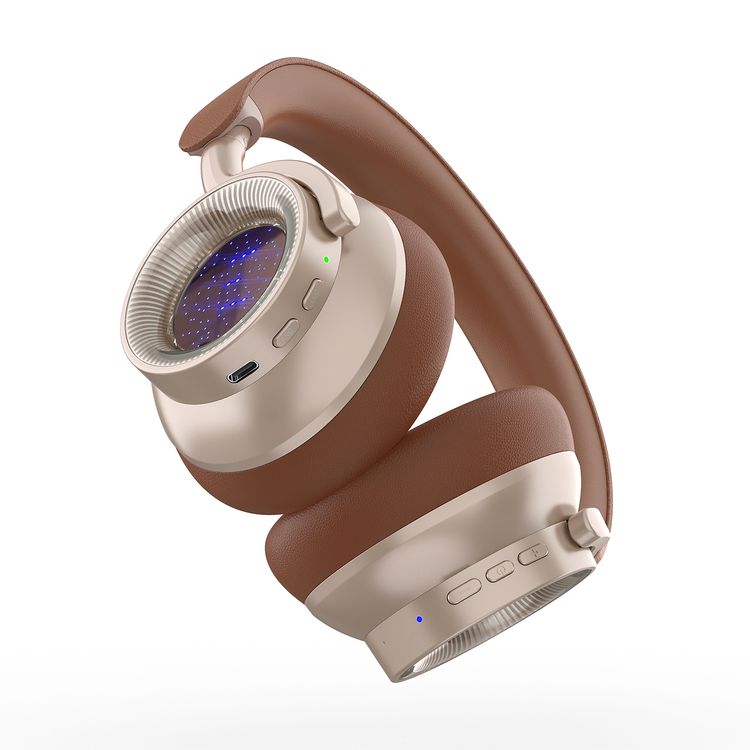 Powerology Astro ANC Wireless Headphones with Up to 40 Hours Play Time, Wireless & Wired Modes, Bluetooth Version 5.4, Customizable LED Lights, 600mAh Battery, Ergonomic Design, 95 Hours Standby Time, 40mm Driver Size - Khaki