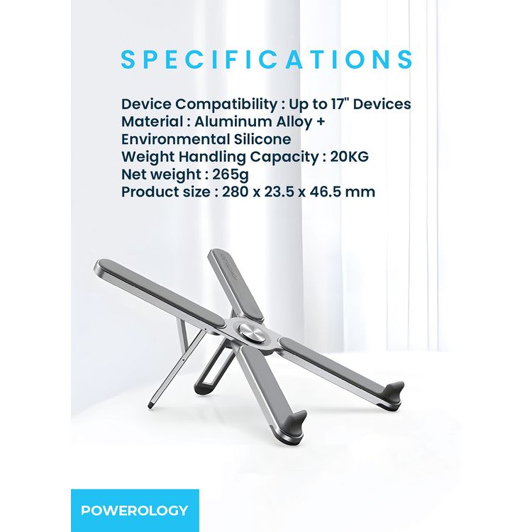 Powerology Aluminum Alloy Foldable Laptop Stand with 20kg Maximum Weight Capacity, Up to 17" Device Compatibility, 7 Adjustable Height Levels - Silver