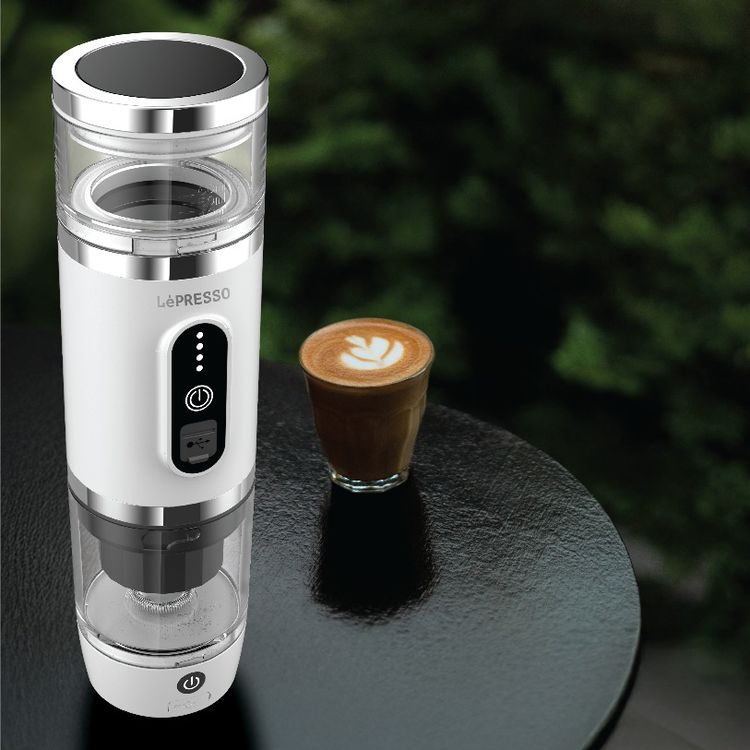 LePresso 4-in-1 Portable Coffee Machine with Milk Frother, 80mL Capacity, 20BAR Pressure, 2500mAh Battery Capacity, 100W Power, Compatible with Coffee Powder & Capsules, 3-4 Minutes Brewing Time - White