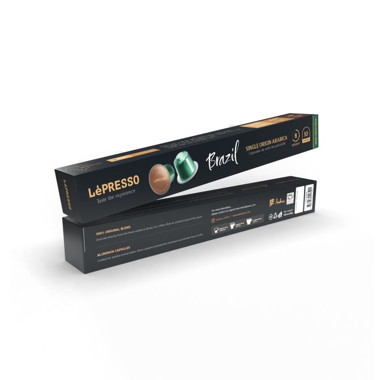 LePresso Aluminum capsules for Nespresso 100% Arabica with 8-Level Coffee Intensity, Chocolate & Nuts Aroma, Medium Roast Level, 10 Capsules Included - Green