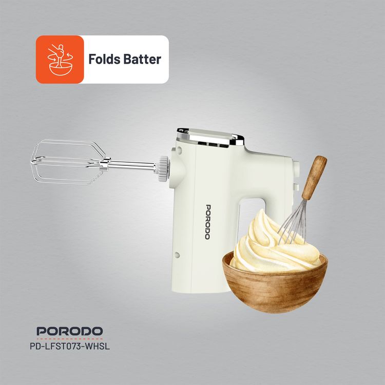 Porodo Lifestyle Spill-Proof Dual Mode Mixer, 6 Speed Settings, Easy Maintenance, Feeding Window Access, Folds Batter & Kneads Dough - White / Silver