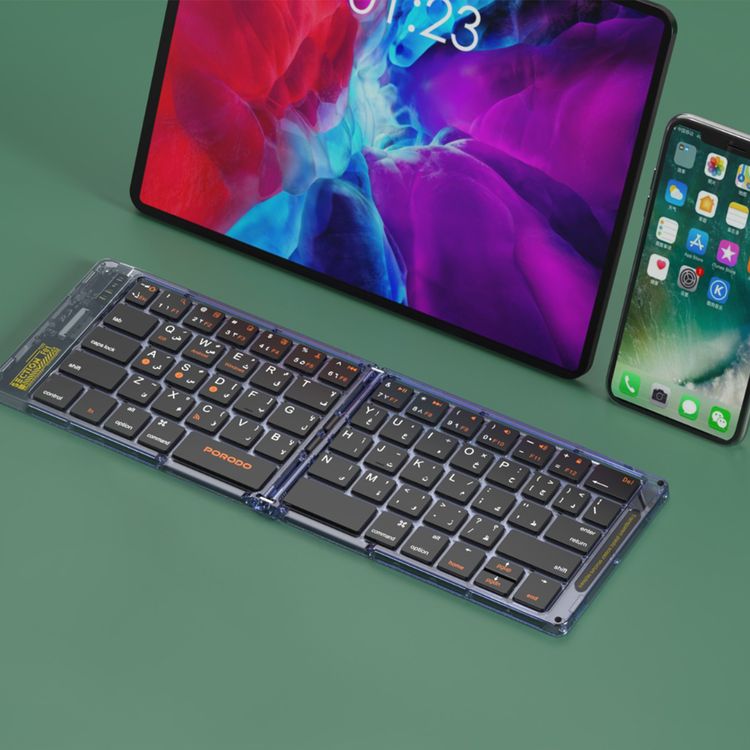 Porodo Crystal Shell Wireless Keyboard, Transparent, Bluetooth Connection, Foldable, 65 Keys + Arabic Layout, 80mAh Lithium Battery, Scissor Key Switches, Compatible with Windows, iOS, Android, Mac - Black