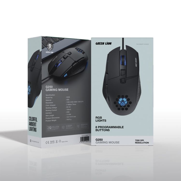 Green Lion G250 Gaming Mouse, Honeycomb & Ergonomic Design, 8 Programmable Buttons, Colorful Ambient Lighting, 7200 DPI Resolution, 3 Million Times of Click Lifespan - Black