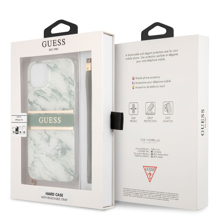 CG MOBILE Guess PC/TPU Case Marble Design & Stripe with Anti-Lost Nylon Strap for iPhone 13 (6.1") Shock Absorption & Drop Protection Suitable with Wireless Chargers Officially Licensed Green