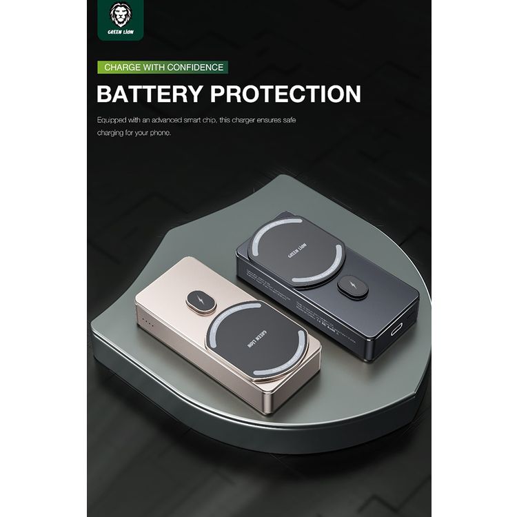 بنك طاقة ميلتون بسعة 10000 مللي أمبير في الساعة من Green Lion، متوافق مع MagSafe، شحن لاسلكي بقدرة 15 وات، مؤشر شحن LED، بطارية كوبالت نقية، مغناطيس قوي، واجهة إدخال من النوع C - أسود