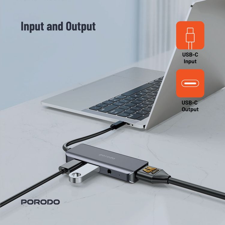 Porodo 4in1 USB-C Hub Type-C PD 100W HDMI USB 3.5mm Aux