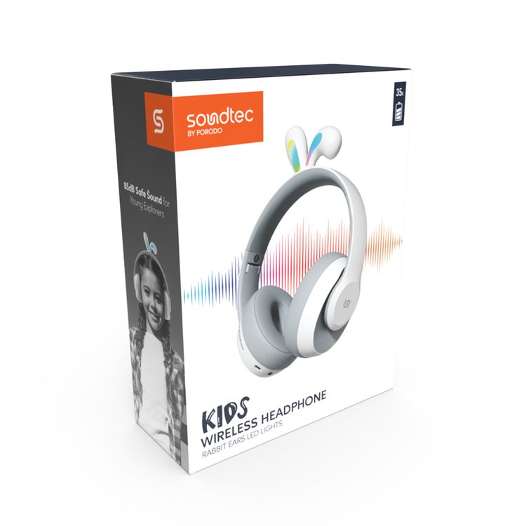 Porodo Soundtec Kids Wireless Headphones with Rabbit Ears & LED Lights, 40mm Speaker, 85dB Safe Sound, Up to 57 Hours Play Time, Bluetooth Version 5.3, Up to 40 Hours Talk Time, USB-C Charging Port - Gray