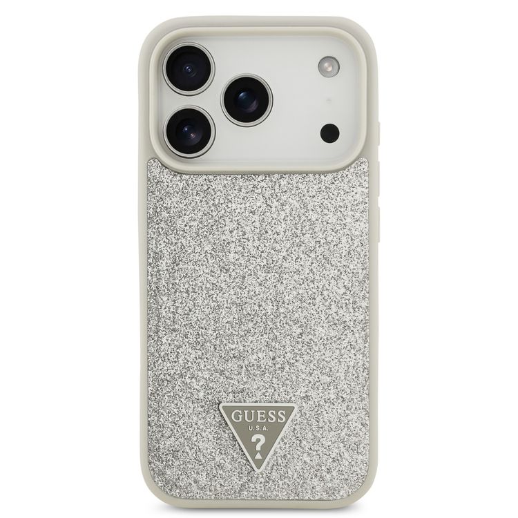 Guess MagSafe PU Leather Fixed Glitter Case with Triangle Logo for iPhone 17 Pro, Slim Profile, Easy Snap-On, Sustainable Packaging, Comfortable Grip, Drop Protection, Lightweight Design - Silver