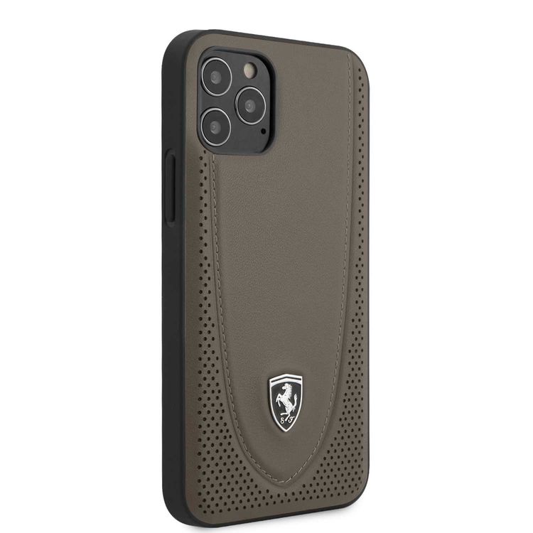 Ferrari Off Track Genuine Leather Hard Case with Curved Line Stitched and Contrasted Perforated Leather for iPhone 12 / 12 Pro (6.1") - Brown