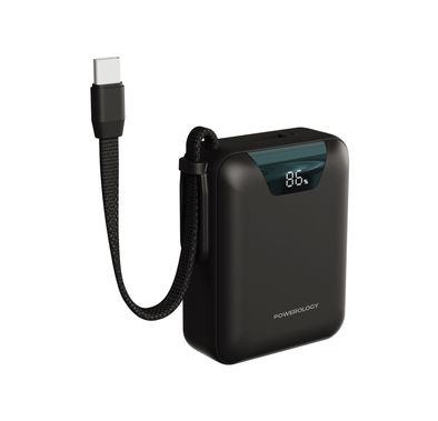 Powerology York 10000mAh Power Bank with PD 18W, QC 22.5W, Integrated Type-C Cable, USB-A & USB-C Ports, Fast Charge Support, Simultaneous Charging, Digital Battery Display - Black