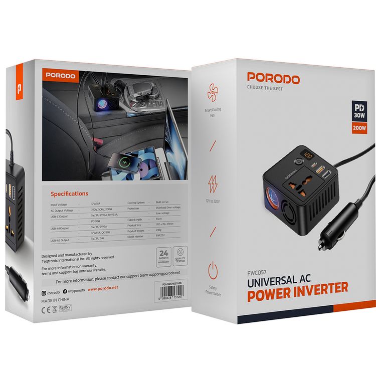 Porodo Universal AC Power Inverter with Built-in Smart Cooling Fan, 200W AC Output, 30W Power Delivery, Low-Voltage Protection, Overload & Overvoltage Protection - Black