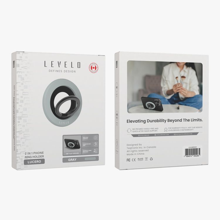 Levelo Lucero 2-in-1 Phone Ring Holder with N52 Magnets, Non-Slip Surface, 135° Flip Design, Comfortable Grip, 4000GS Magnetic Force - Gray