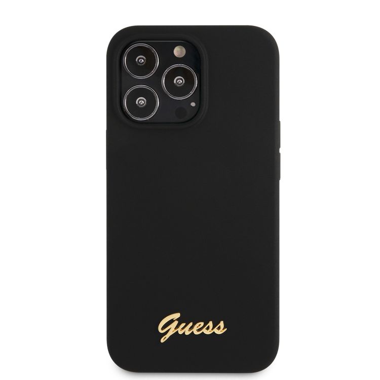 CG MOBILE Guess Liquid Silicone Case with Gold Metal Logo Script Compatible for iPhone 13 Pro (6.1") Anti-Scratch, Easy Access to All Ports, Shock Absorption