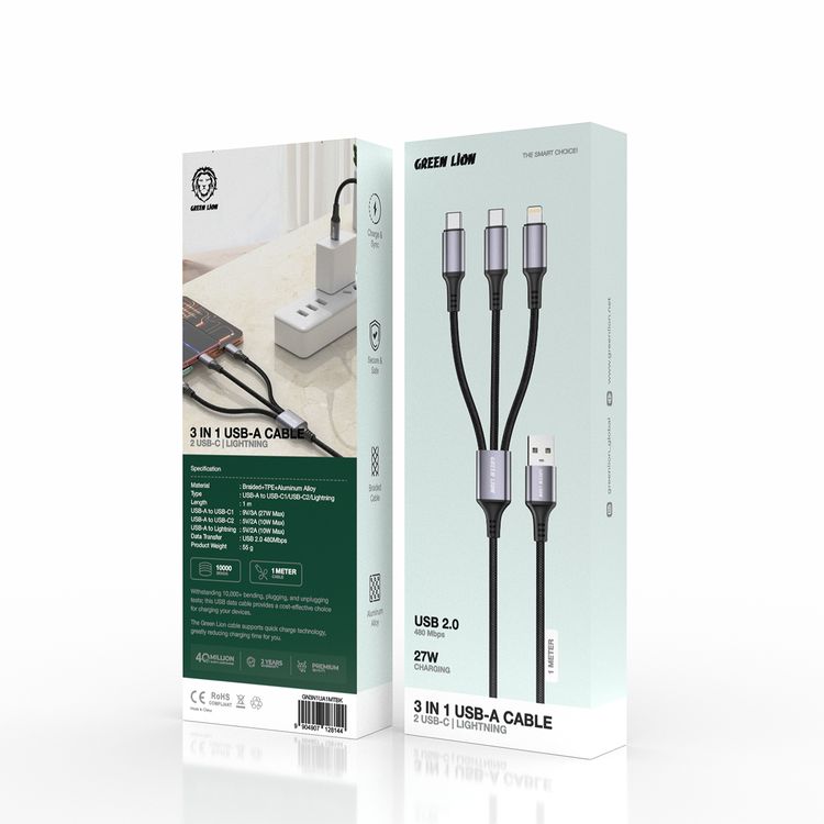 Green Lion 3-in-1 USB-A Cable to 2 USB-C/Lightning, with 10000 Bends Lifespan, 1m Length, Secure & Safe, Charge & Sync, 27W Charging, USB 2.0 480 Mbps Data Transfer, Braided + TPE + Aluminum Alloy Material - Black