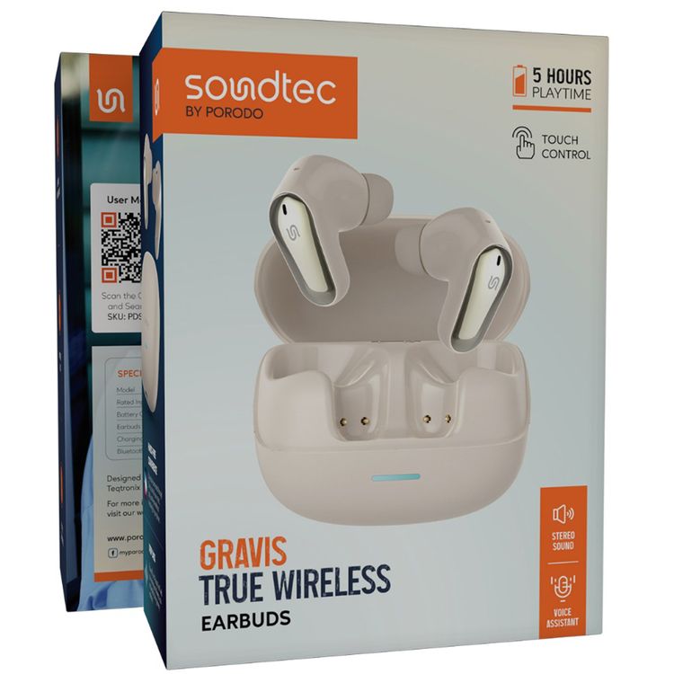 Porodo Gravis True Wireless Earbuds with Touch Control, Up to 5 Hours Play Time, 300mAh Charging Case & 38mAh Earbuds Battery, Sweat & Water Resistant, Voice Assistant, Stereo Sound - Cream