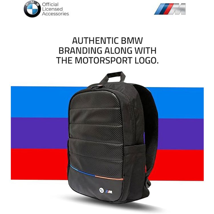 BMW Carbon & Leather Tricolor 15" Backpack with High-Quality Nylon + Synthetic Leather & Polyester Lining Material, Multiple Pockets, Adjustable Shoulder Strap, Water Resistant, Scratch-Resistant - Black