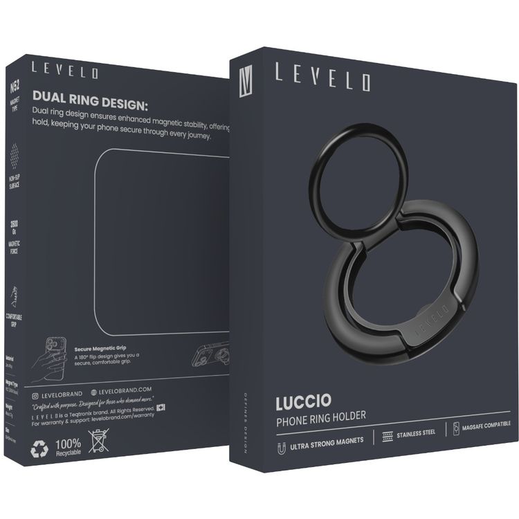 ليڤيلو لوتشيو 2 في 1 حامل هاتف مع حلقة مغناطيسية بقوة مغناطيسية N52 قوية، 3500Gs، مصنوع من مواد ألومنيوم متينة - اللون الأسود