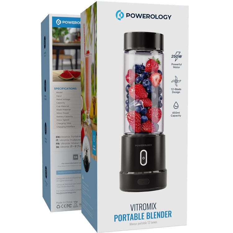 Powerology Vitromix Portable Blender with 12-Blade Design, 450mL Capacity, Stainless Steel Blades, 250W Motor Power, Glass Container, 3×2000mAh Battery, One-Touch Blending, 21000RPM Motor Speed, Powerful Ice Crusher - Black