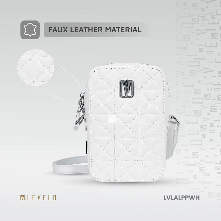 Levelo Albino Ladies Phone Pouch with Faux Leather Material, Adjustable Strap, Exquisite Safeguarding, Card & Coin Slot Included, Universal Phone Compatibility - White