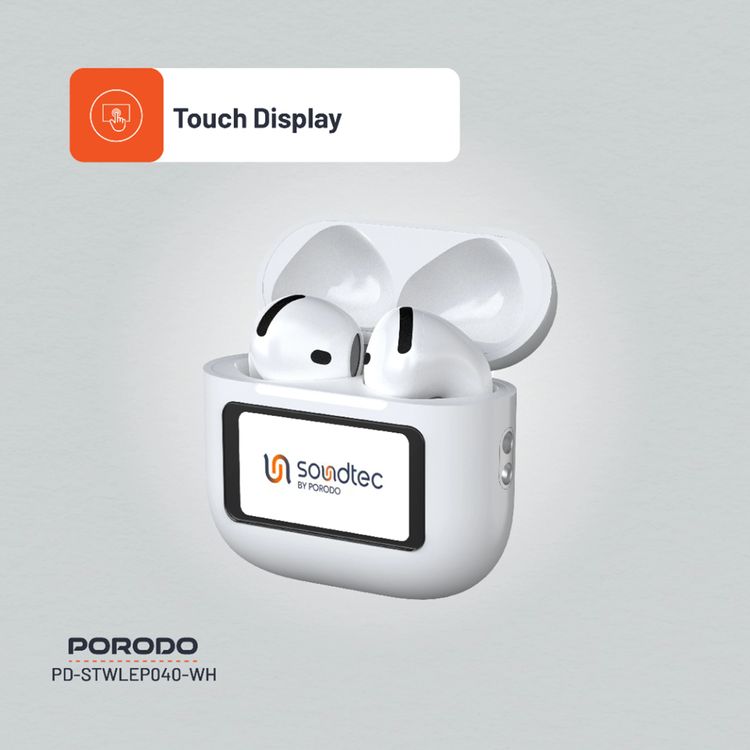Porodo Soundtec Glimpse ANC Earbuds with Touch Display & Touch Control, 4 Hours of Play Time, Personalized App Control, High-Fidelity Audio, 300mAh Battery Capacity, 10m Transmission Range - White