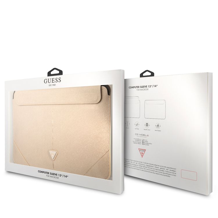 CG Mobile Guess GUCS14PSATLE Saffiano Computer Sleeve with Metal Triangle Logo 14" Protection Bag for or Macbook / Laptop up to 14 inches - Beige