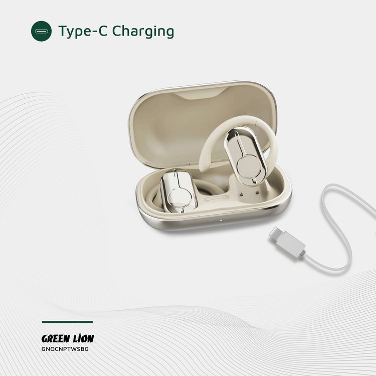 سماعات أذن Green Lion Ocean Plus مفتوحة مع ميكروفون مزدوج ENC، وقت تشغيل يصل إلى 6 ساعات، دوران حر 135 درجة، سعة بطارية علبة شحن 300 مللي أمبير/ساعة، وضع اللعب، زمن انتقال منخفض، وقت استعداد 180 ساعة، مقاومة للماء IPX4 - بيج