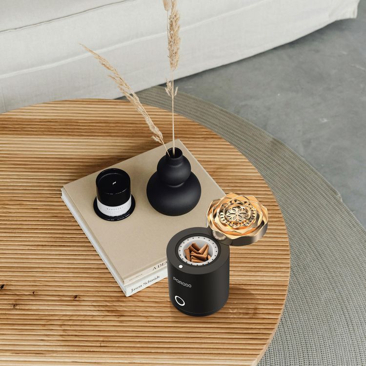 Porodo Rose Mini Incense Burner with 90 Seconds Auto-Off, 1800mAh Battery Capacity, Type-C Charging Port,×15 Full Burning Session Working Time, 1 Hour Charging Time, Whisper-Quiet Operation - Black