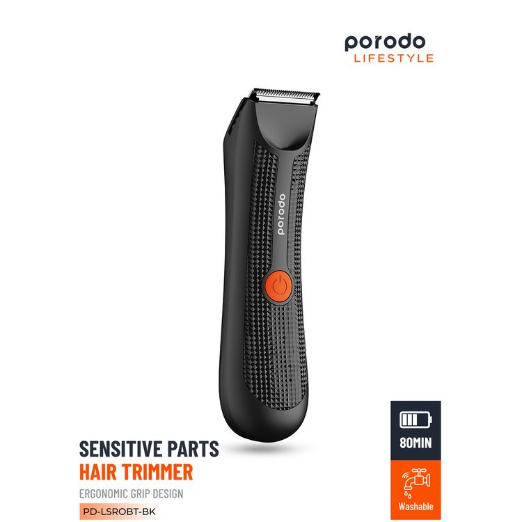 Porodo Lifestyle Sensitive Parts Hair Trimmer, 3.7V 600mAh Battery Capacity, 80 Minutes Working Time, 90 Minutes Charging Time, Ergonomic no-Slip Handle, IPX5 Water-Resistant - Black
