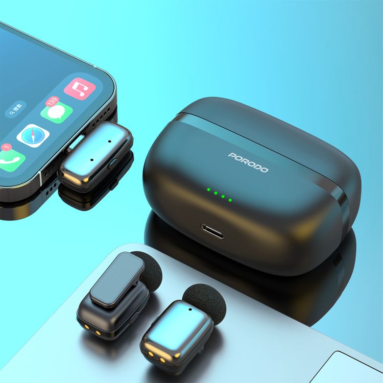 Porodo Wireless Lavalier Microphones with Lightning Connector, Noise Reduction, 33 Hours Working Time with Charging Case, 250mAh Case Battery Capacity, <22ms Latency, Plug & Play - Black