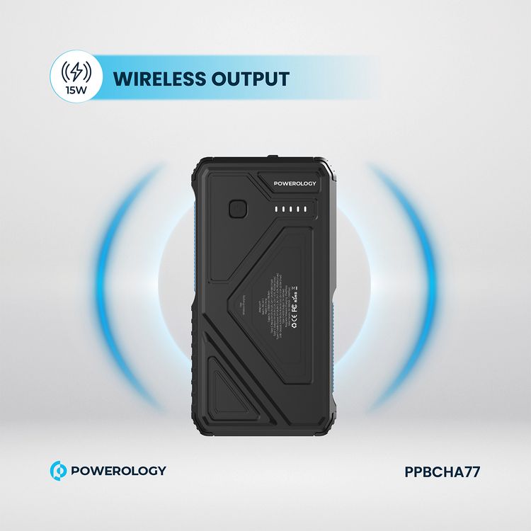 Powerology 27000mAh Solar Wireless Charging Power Bank with Simultaneous Charging, Multi-Mode Flashlight, 0% - 65% Charging in 35 Minutes, 70mm Cable Length - Black