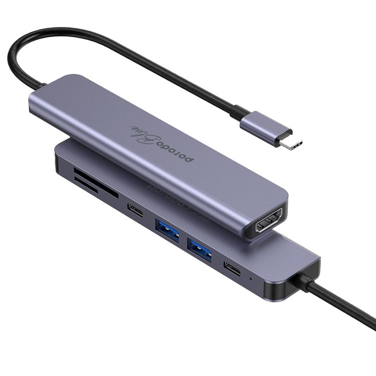 Porodo Blue 7 Ports USB-C HUB 4K HDMI & Dual USB-C, 100W PD, Card Reader, Plug and Play, Hot Swappable, Windows/Mac OS/Android - Gray