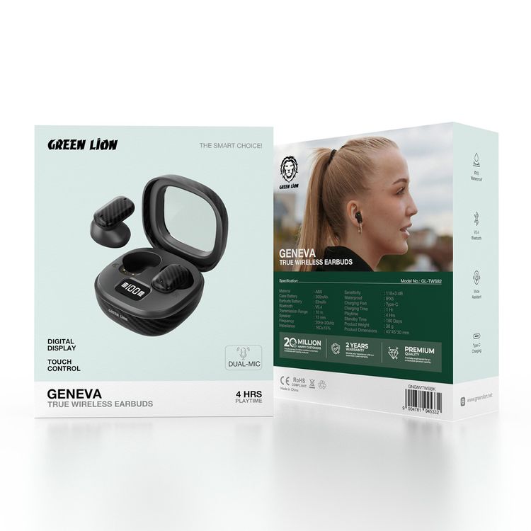 Green Lion Geneva True Wireless Earbuds with Dual Microphones, Up to 4 Hours Play Time, Bluetooth Version 5.4, 10m Transmission Range, USB-C Charging Port, Voice Assistant, Digital Display & Touch Controls, Up to 180 Days Standby Time - Black