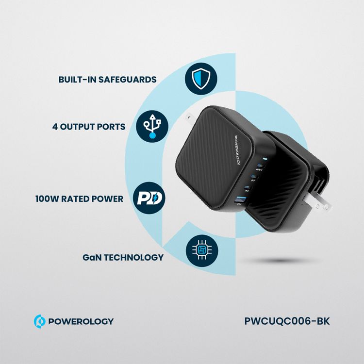 Powerology 100W Triple PD GaN Charger with EU & UK Plug, 3 USB-C Ports & USB-A Port, Built-in Safeguard, Multi Device Charging, Fast Charge, Laptop Charger - Black