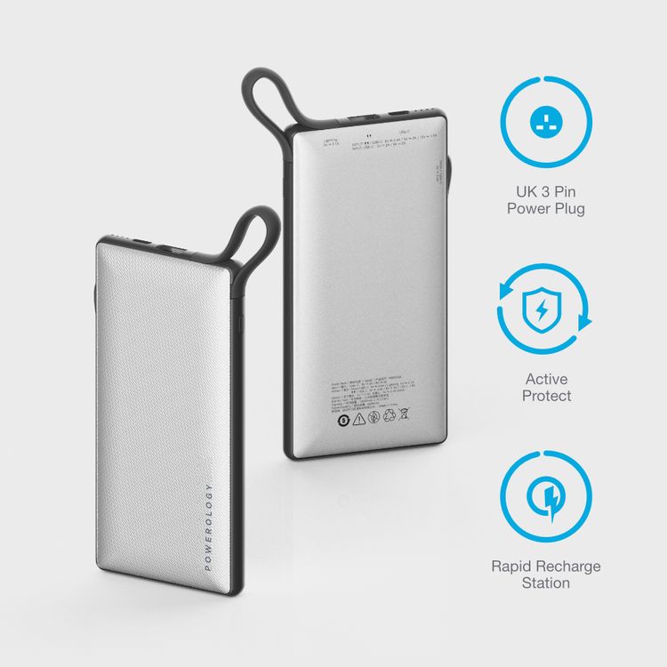 Powerology 6 in 1 Power Bank Station 10000mAh With Built-in Cable, Portable Power Bank, 1 Rapid Recharging Station, Type C Charging Ports - White