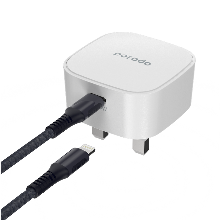 Porodo Super-Compact Fast Wall Charger UK with Braided Type-C to Lightning Cable - White
