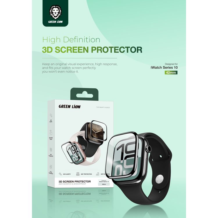 واقي شاشة ثلاثي الأبعاد من Green Lion لساعة Apple Watch Series 10، مقاس 42 مم، مضاد لبصمات الأصابع، مضاد للخدش، لمسة حساسة، وضوح عالي، مقاوم للصدمات، حماية من السقوط، مادة ذاتية الشفاء - شفاف