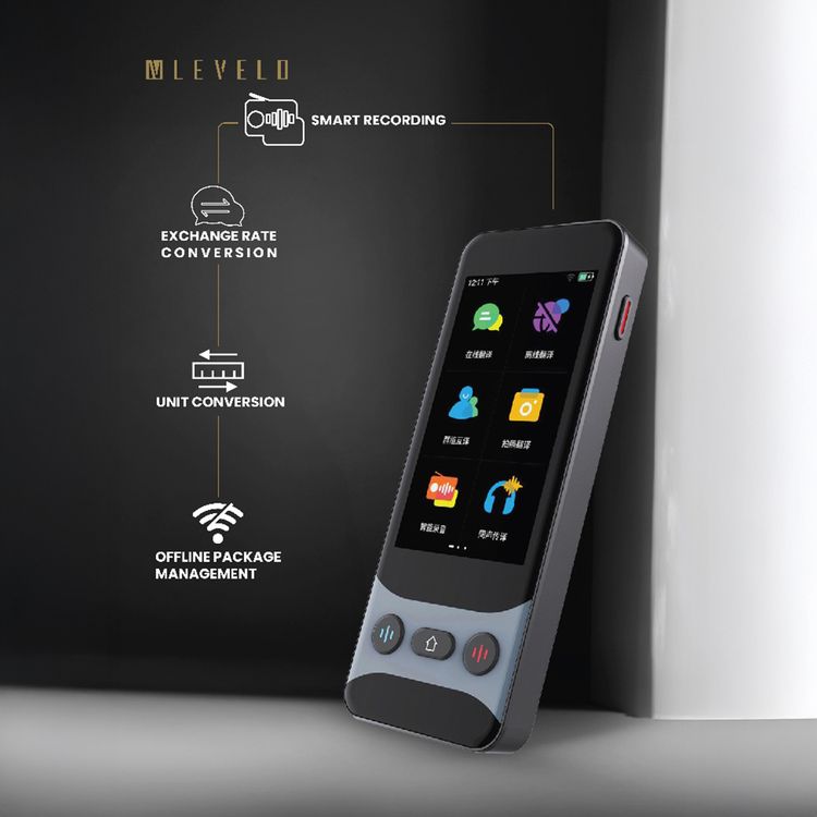 Levelo FluentLink Offline & Online Translation Device with 1500mAh Battery Capacity, Up to 8 Hours Working Time, 0.5 Seconds Translation Speed, 142 Supported Languages - Gray